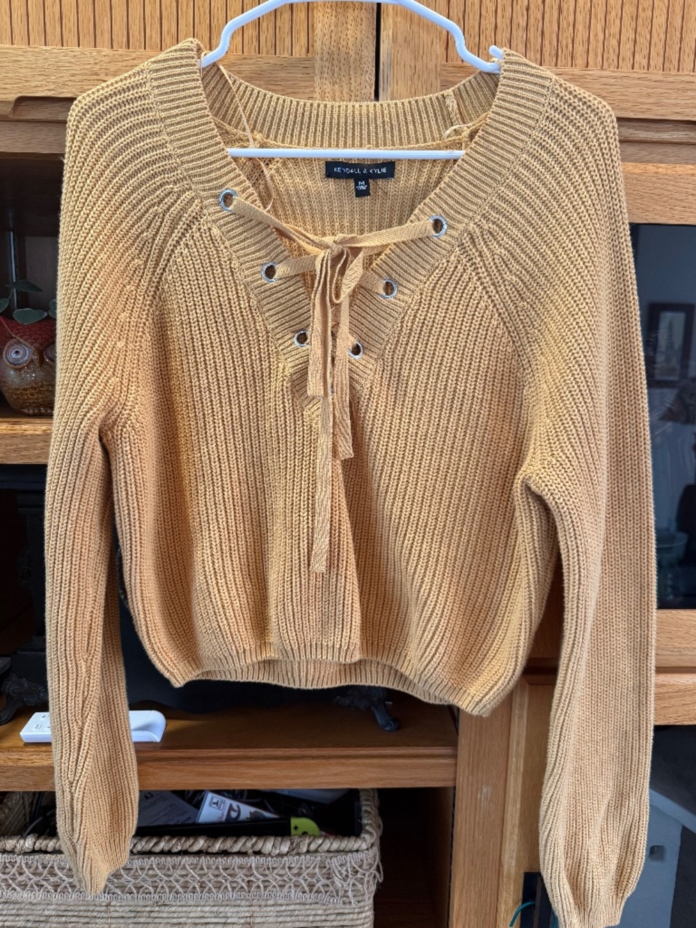 Kendall & Kylie Mustard Lace Up Cropped Sweater, Size Medium